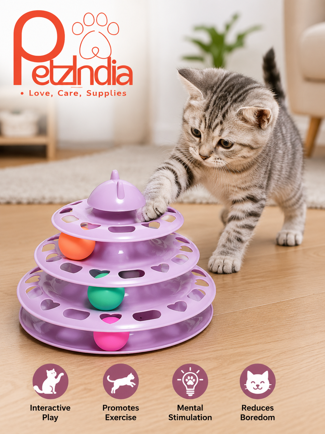 PetzIndia 3-Level Rolling Ball Play Tower for Cats