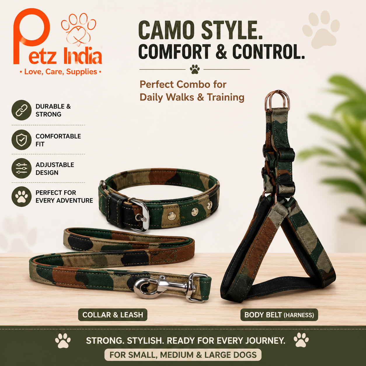 PetzIndia Camo Print Dog Collar, Leash & Harness Combo Set