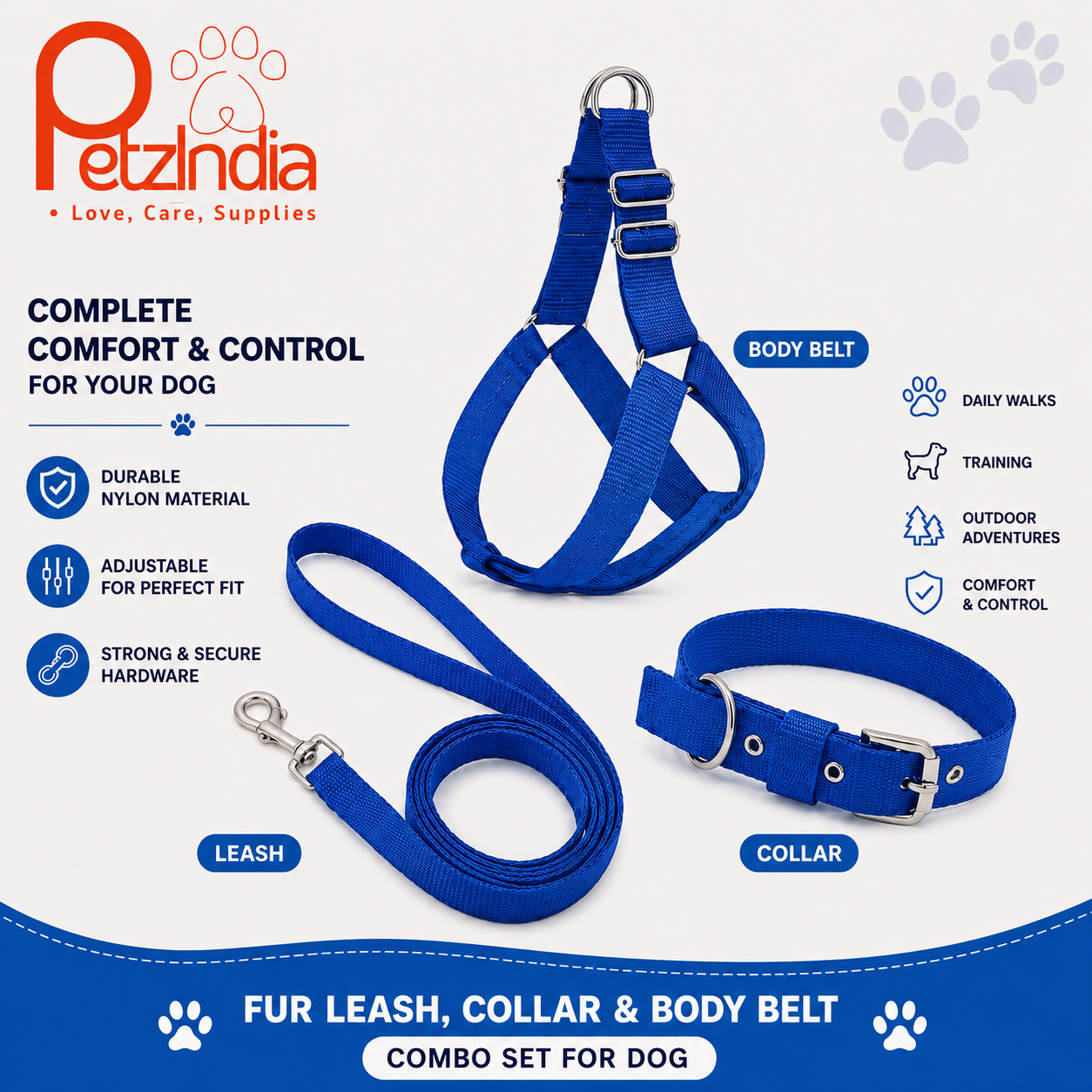PetzIndia 3-in-1 Dog Collar, Leash & Body Belt Set