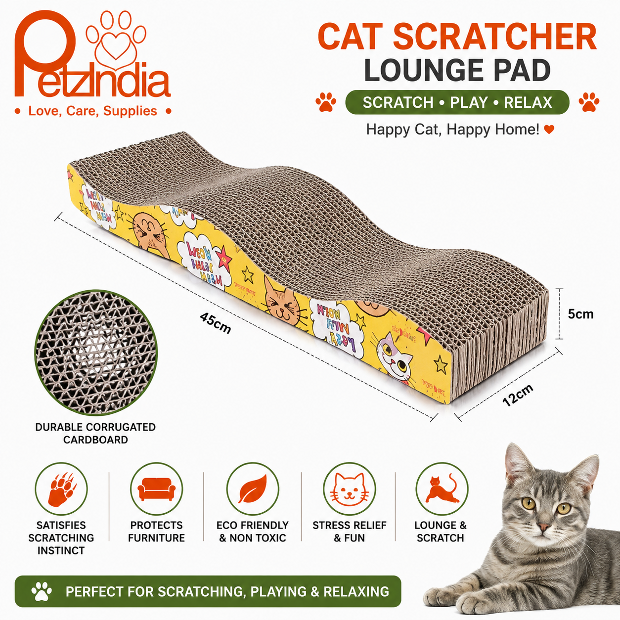 PetzIndia Corrugated Cat Scratching Board & Lounge Bed (Multicolor-Curved)