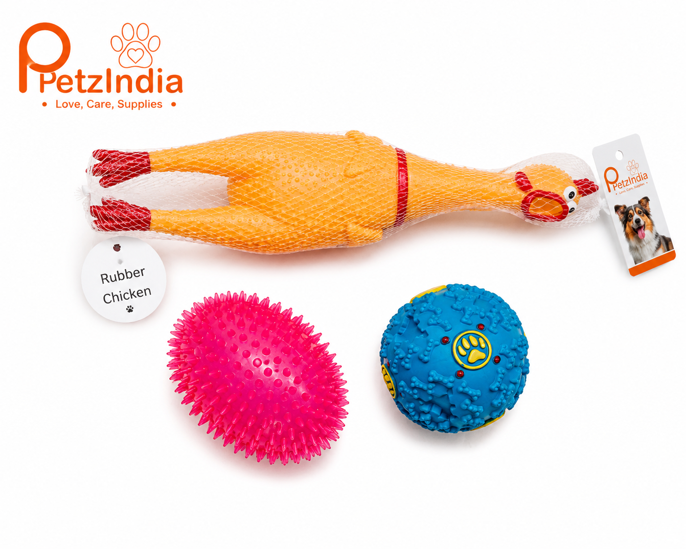 PetzIndia 3-in-1 Interactive Dog Toy Set – Chicken, Spiky Ball & Treat Ball