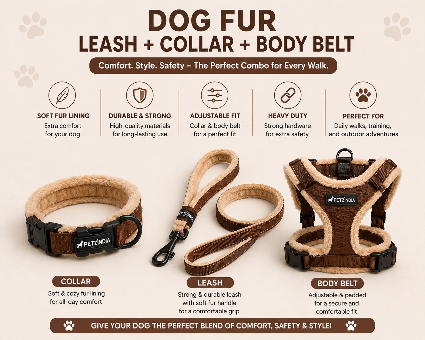 PETZINDIA FUR LEASH+COLLAR+BODY BELT FOR DOG