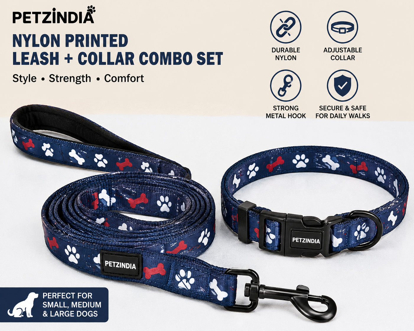 PETZINDIA NYLON PRINTED LEASH+COLLAR COMBO SET FOR DOG