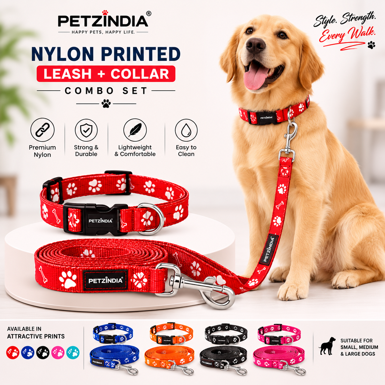 PETZINDIA NYLON PRINTED LEASH+COLLAR COMBO SET FOR DOG