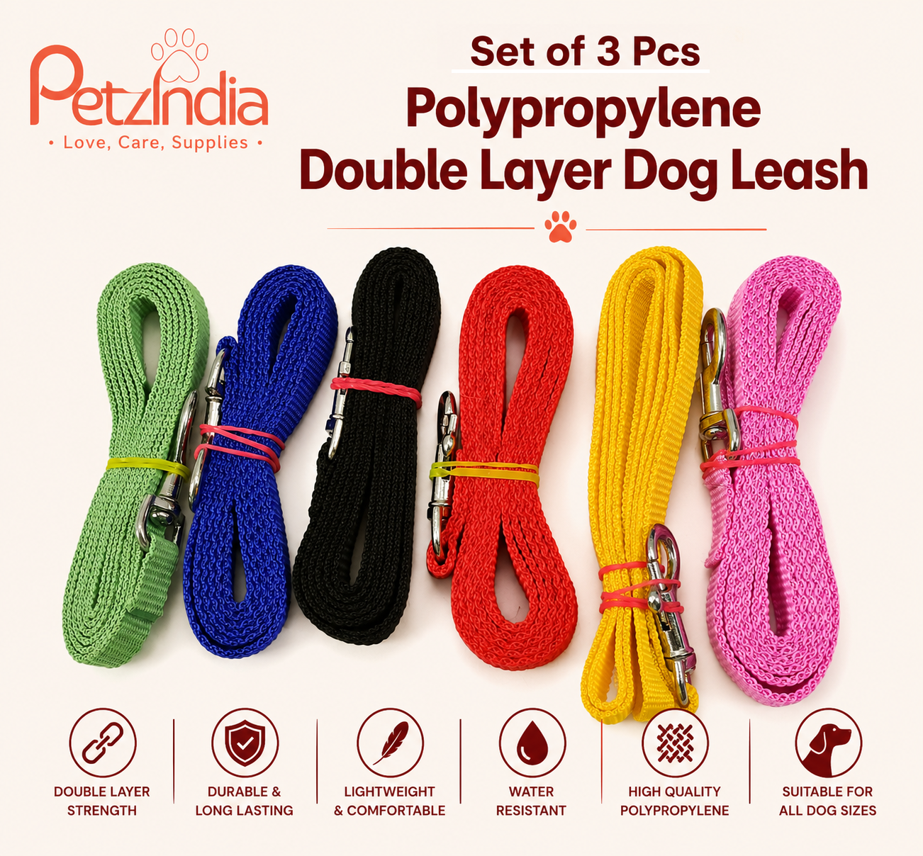Polypropylene Double Layer Dog Leash With Adjustable Length (Multi Colour) Set Of 3 Pcs