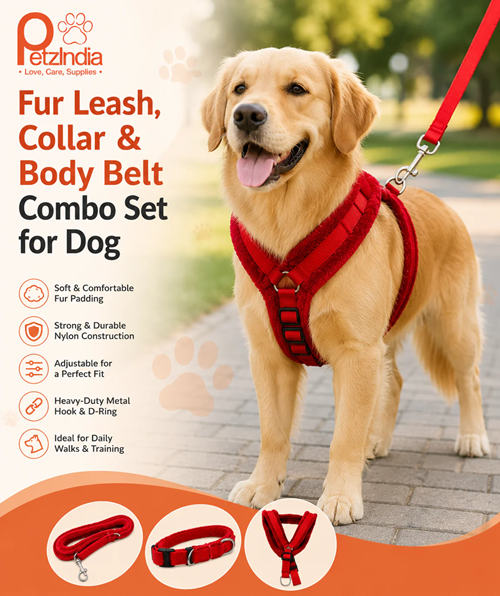 PetzIndia PP Fur Leash, Collar, Body Belt Combo Set For Dog