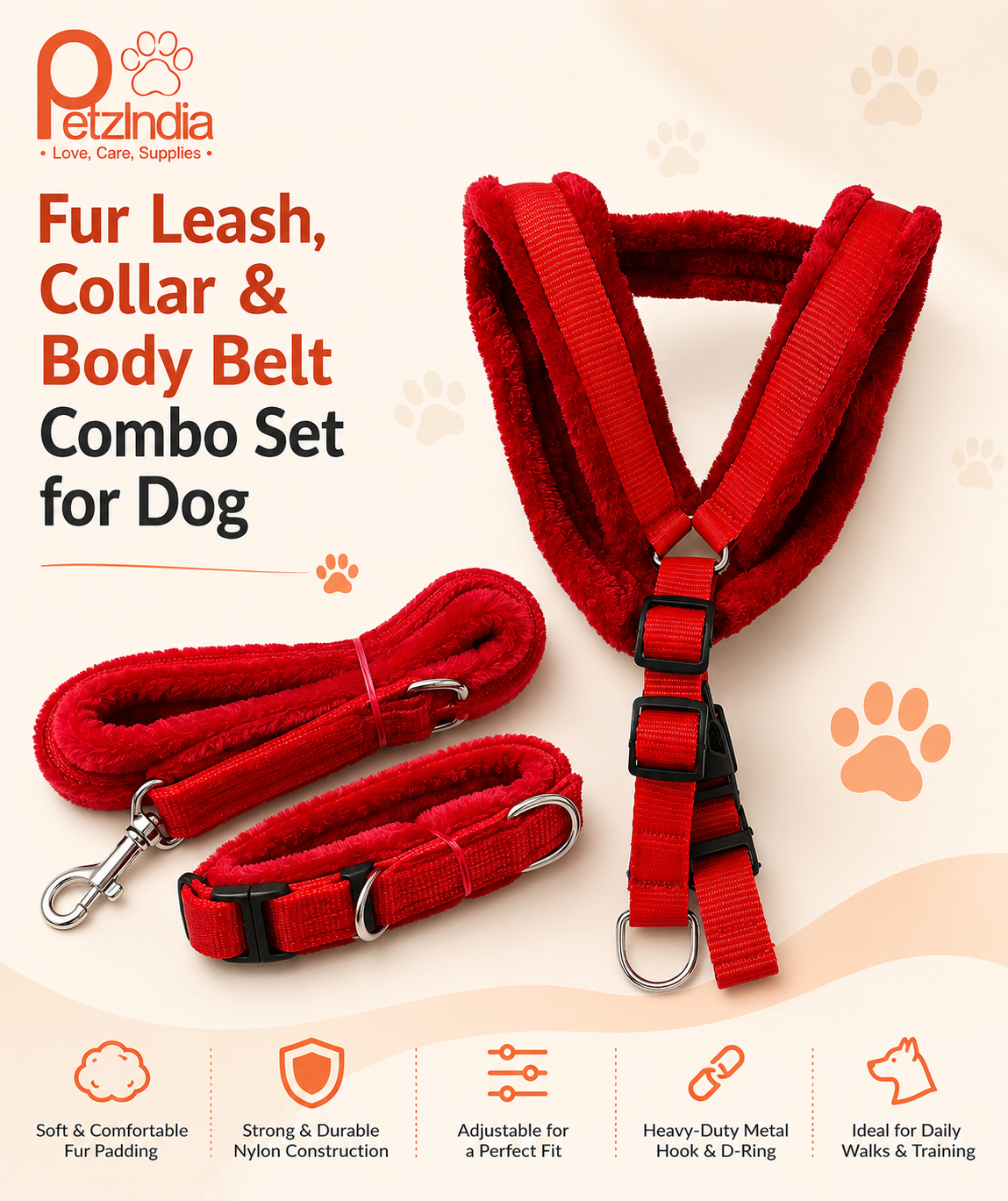 PetzIndia PP Fur Leash, Collar, Body Belt Combo Set For Dog
