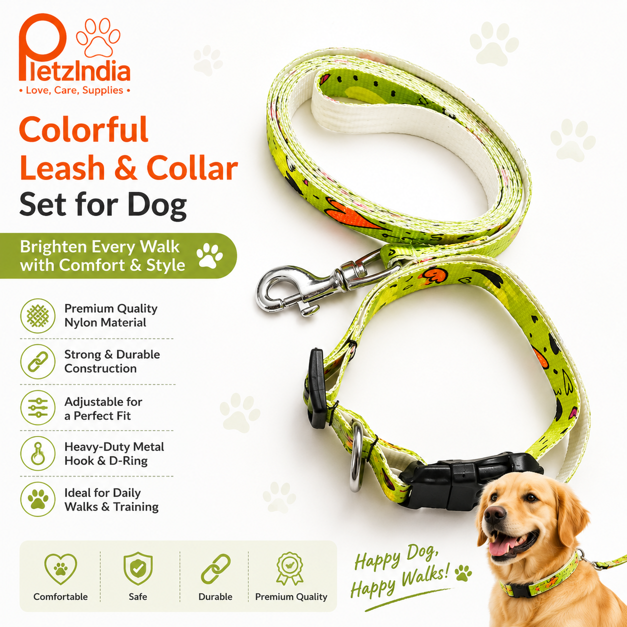 Neck Collar Belt and Leash Combo for Pet (Multicolor, Size-Small)