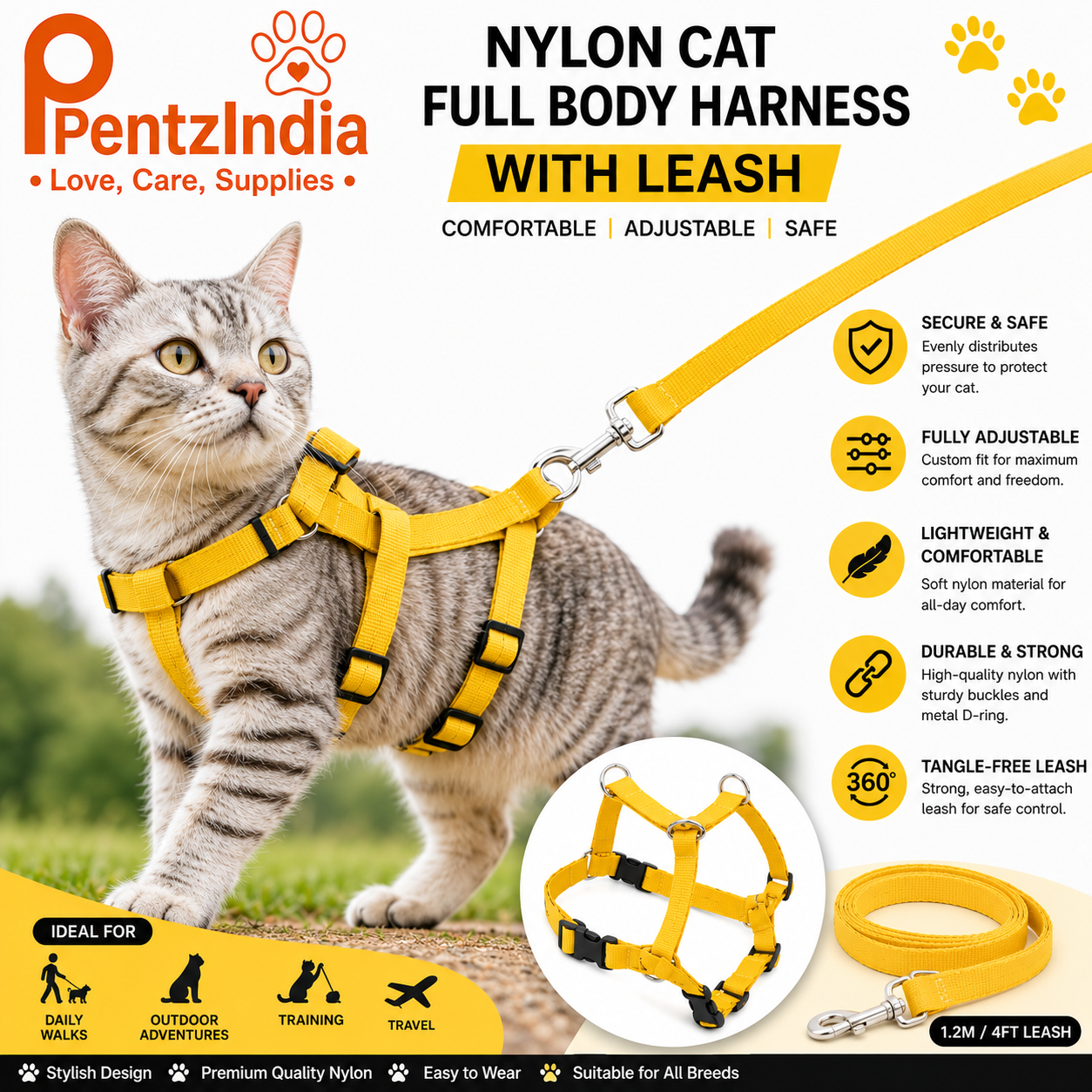 PetzIndia Premium Nylon Cat Full Body Harness with Leash