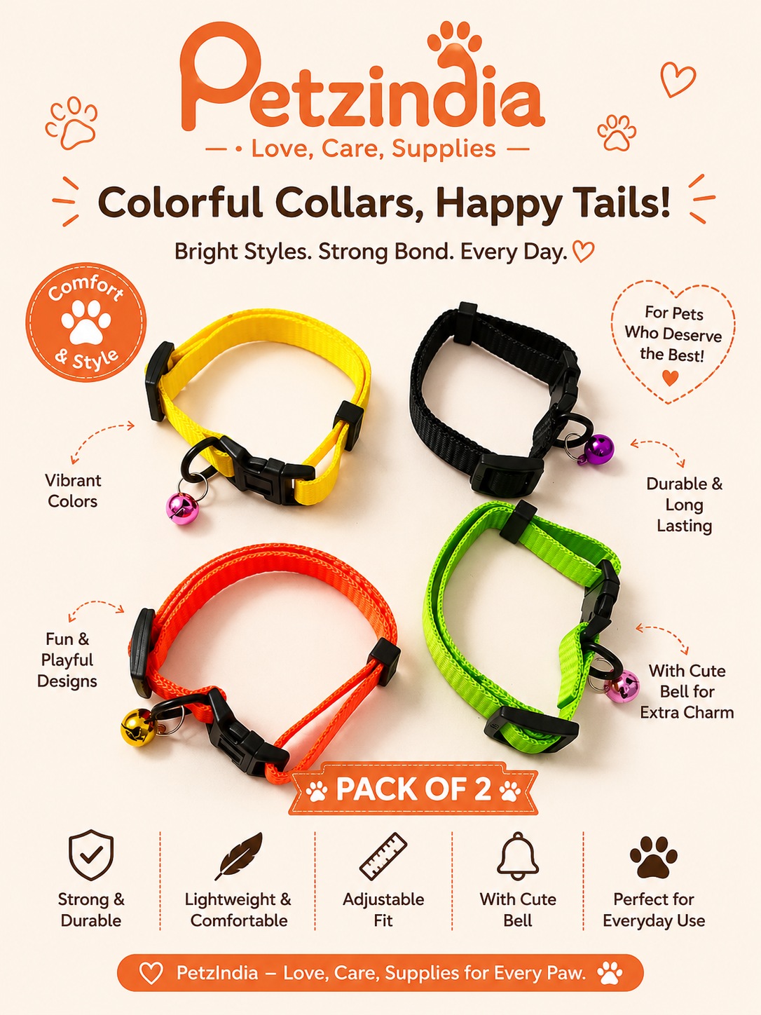 Petzindia Nylon Cat Collar With Bell Ring Pack of 2
