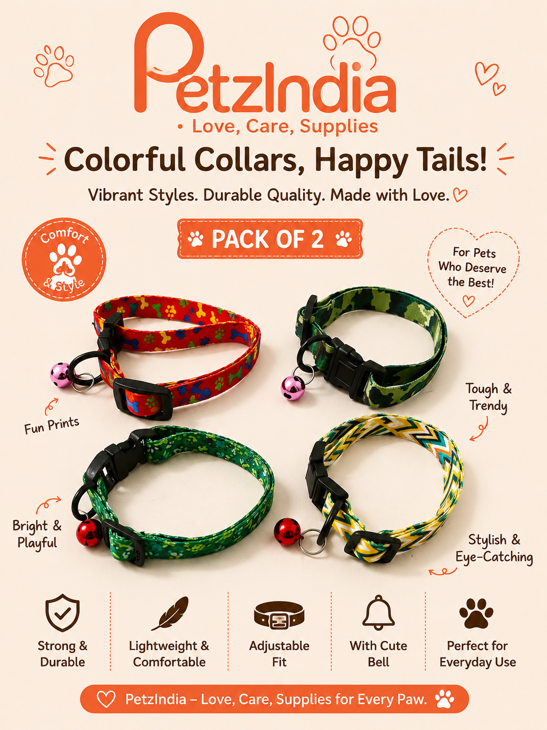 Petzindia Nylon Cat Collar With Bell Ring Pack of 2