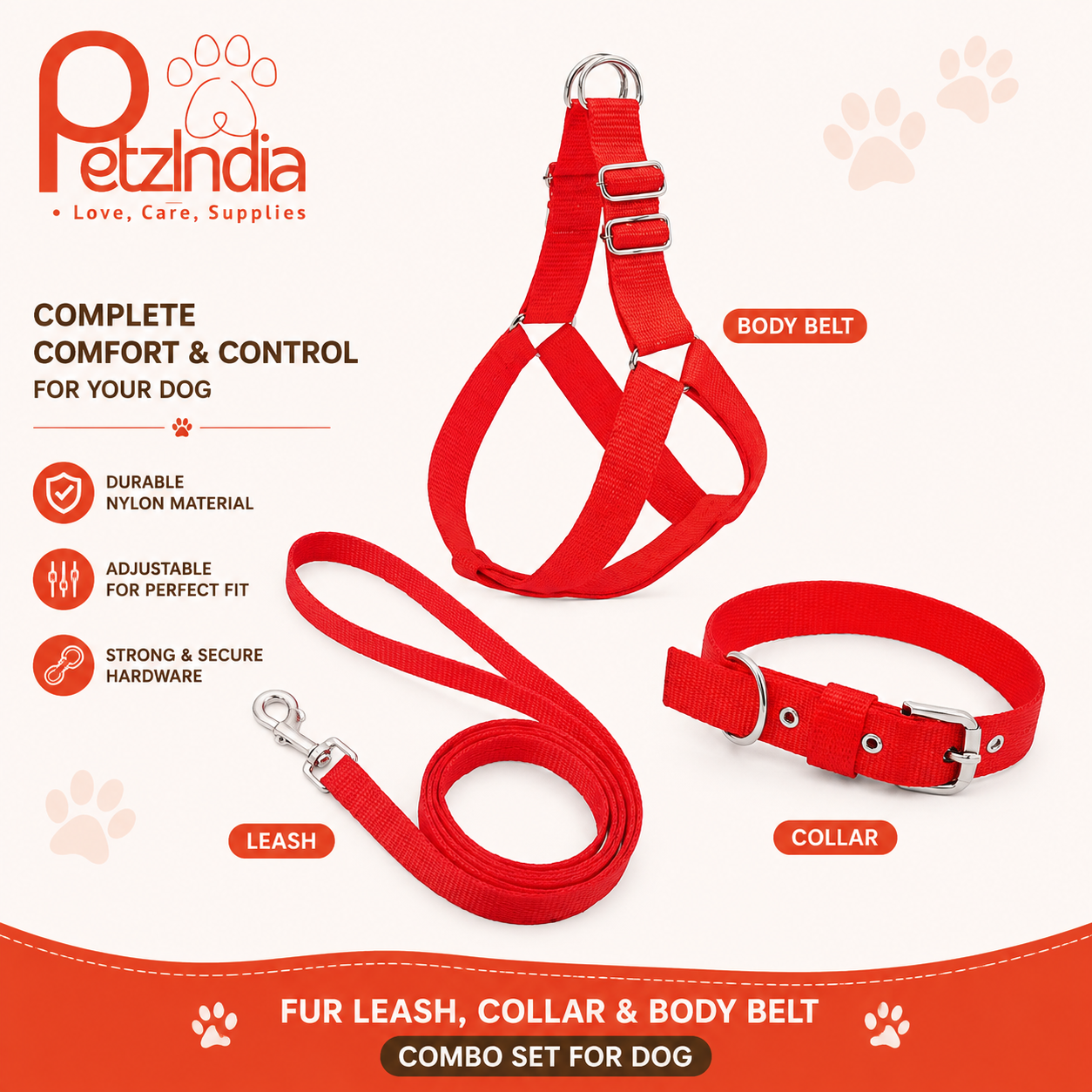 PetzIndia 3-in-1 Dog Collar, Leash & Body Belt Set