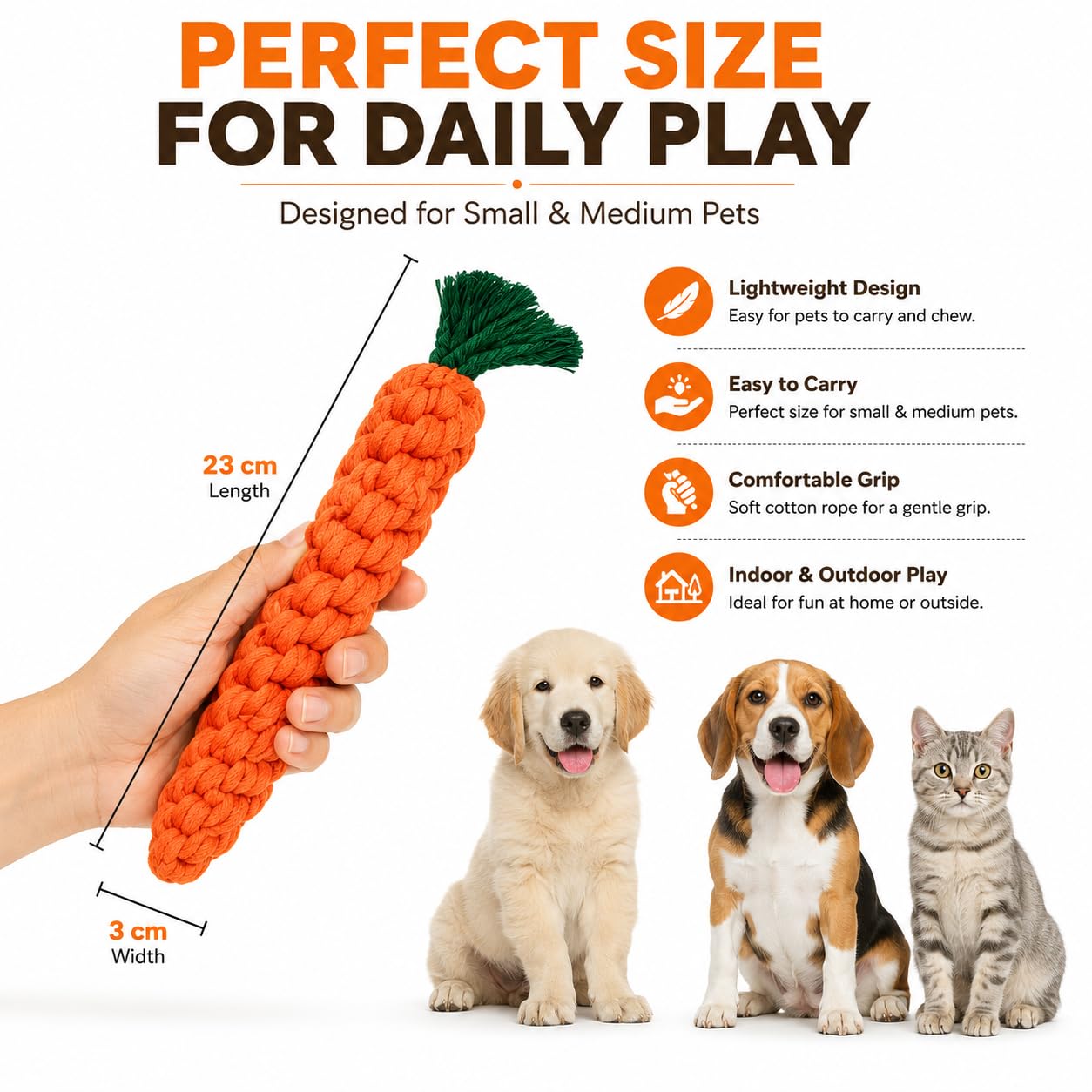 PetzIndia Handmade Carrot-Shaped Dog & Cat Chew Toy | Cotton Rope Interactive Pet Toy for Puppies, Small & Medium Dogs & Cats | Teeth Cleaning, Tug, Fetch & Chewing Toy | Washable & Durable