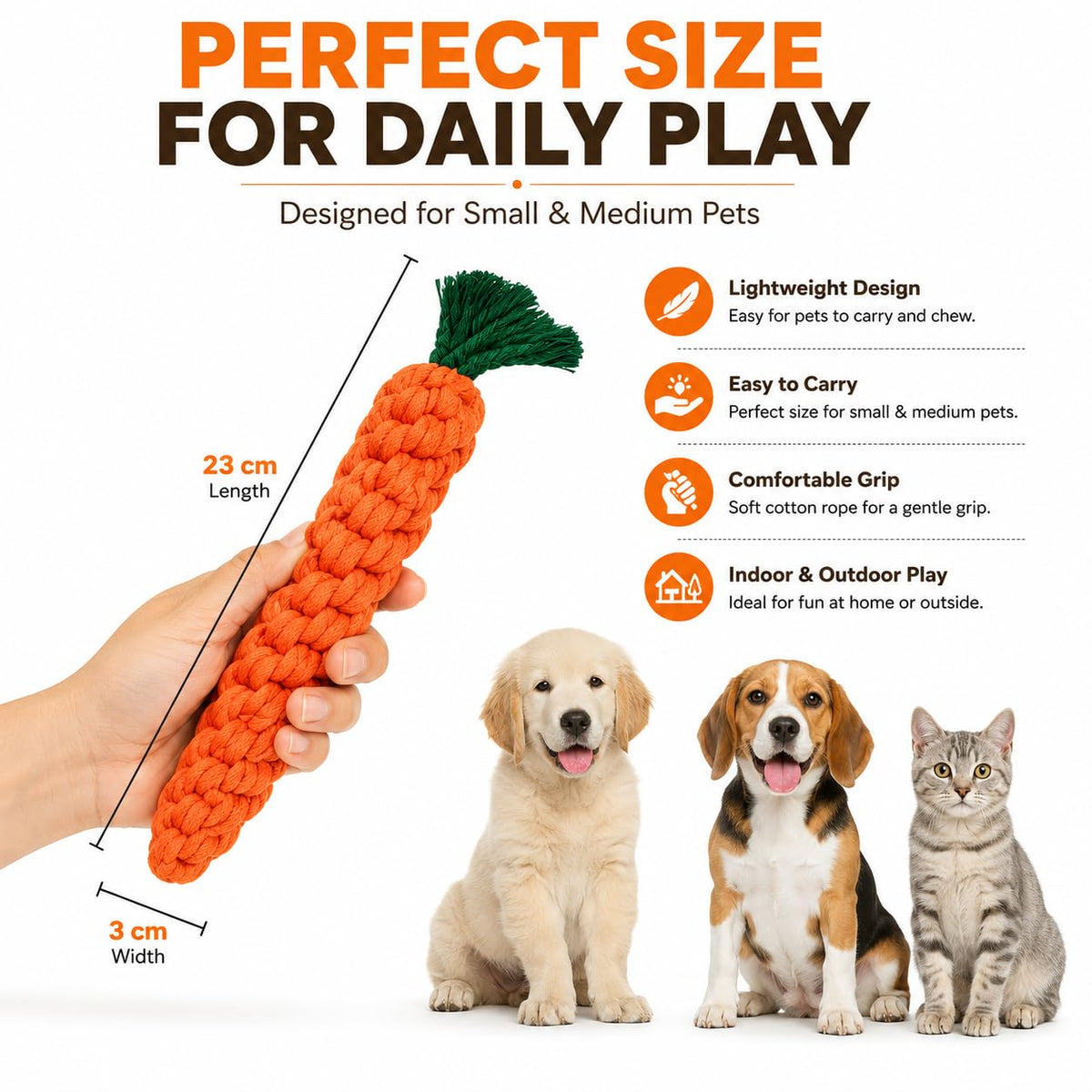 PetzIndia Handmade Carrot-Shaped Dog & Cat Chew Toy | Cotton Rope Interactive Pet Toy for Puppies, Small & Medium Dogs & Cats | Teeth Cleaning, Tug, Fetch & Chewing Toy | Washable & Durable