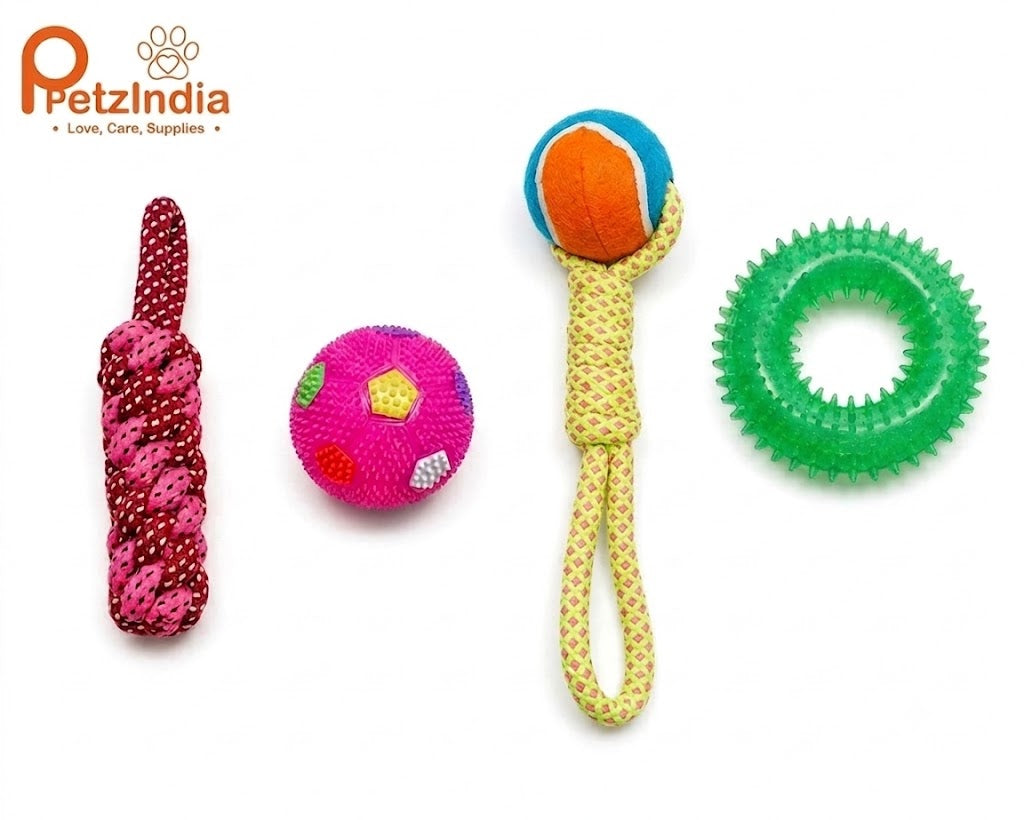 PetzIndia Premium Dog Toy Combo – Rope, Ball & Spiky Ring Set